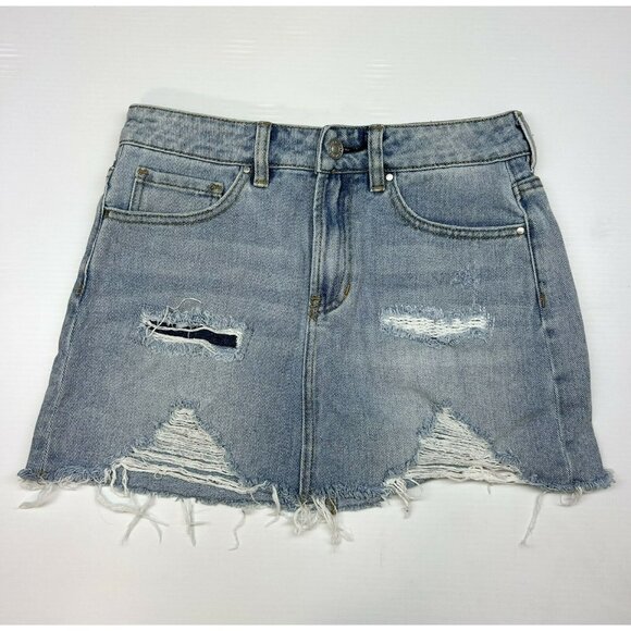 PacSun Jean Skirt Mixed Denim-Medium & Light Wash Frayed Hem Distressed Size 24 - Picture 1 of 5